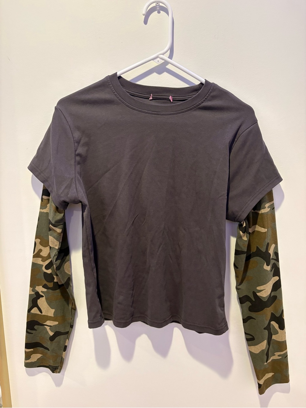 Edikted Charcoal Crewneck Top with Green Camo Sleeves